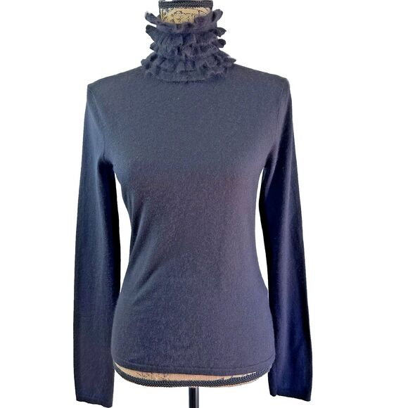 Eccoci Women's Black Ruffle Neck Cashmere & Silk Turtleneck Sweater Sz S - Picture 2 of 13